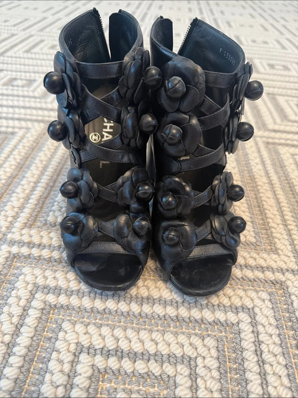 CHANEL Black Leather Floral-Embellished Strappy Heels